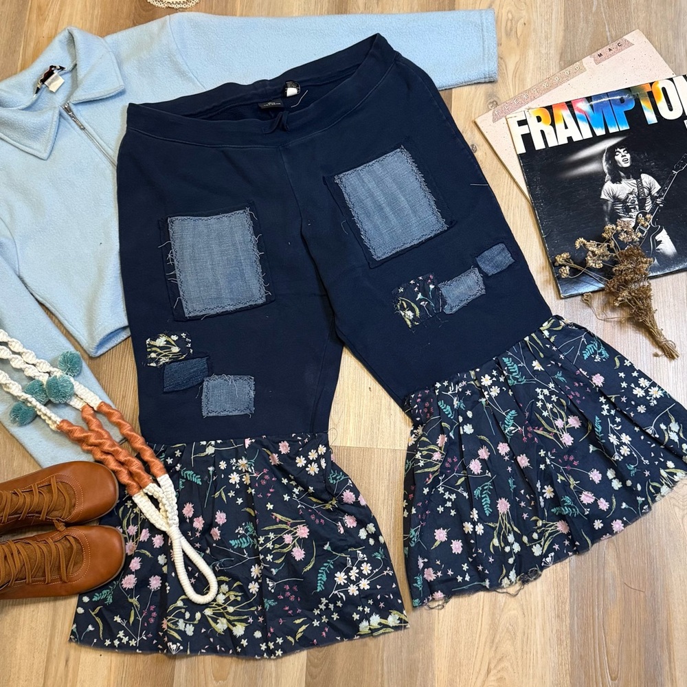 Upcycled Cottagecore Prairie Bloomers with Floral Ruffles Patchwork Lounge Pants